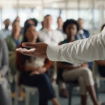 Hand, presentation and workshop or conference for company, team building and discussion of strategy. Person, professional and speaker in seminar or convention in boardroom with colleagues in event